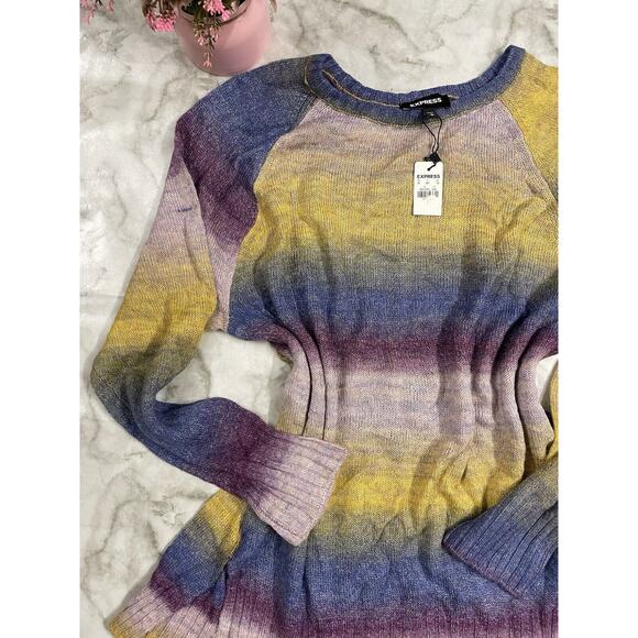 VINTAGE Y2K Express Ombre Multicolor Tunic Sweater Woman Sm Crew Neck Oversized - Picture 2 of 8
